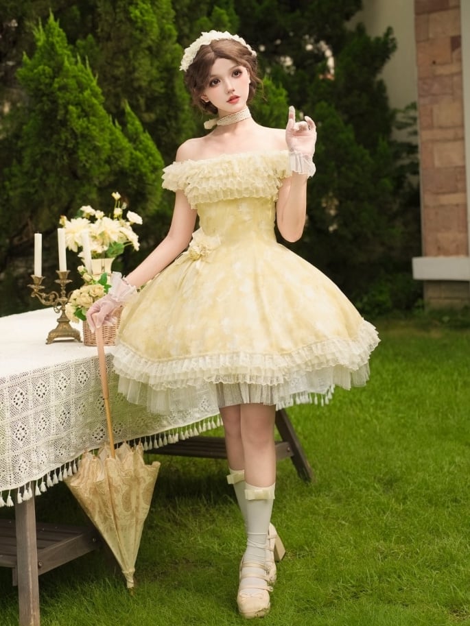 Yellow Neckline Dress Light Print Versatile Floral Lolita and Butterfly