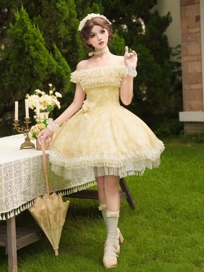 Light Versatile Full Dress Lolita JSK Neckline Floral Yellow Set and Butterfly Print