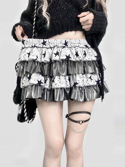 Black&White Star Print Tiered  Skirt