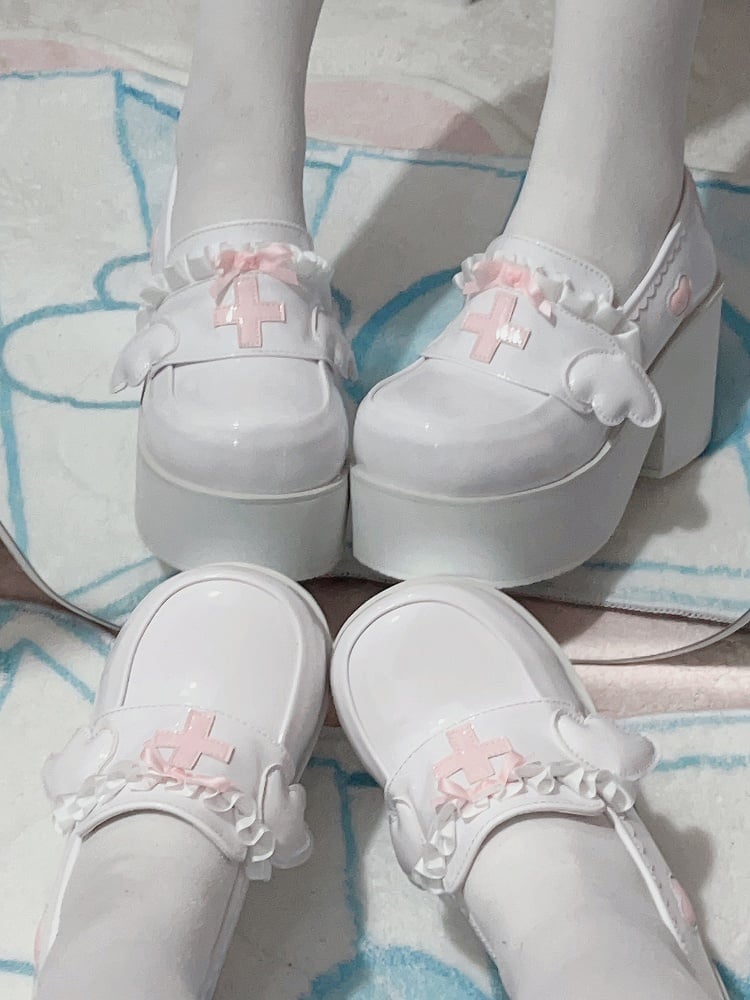 Jirai Kei Pink Yami Kawaii Cross Bowknot Platform Loafers