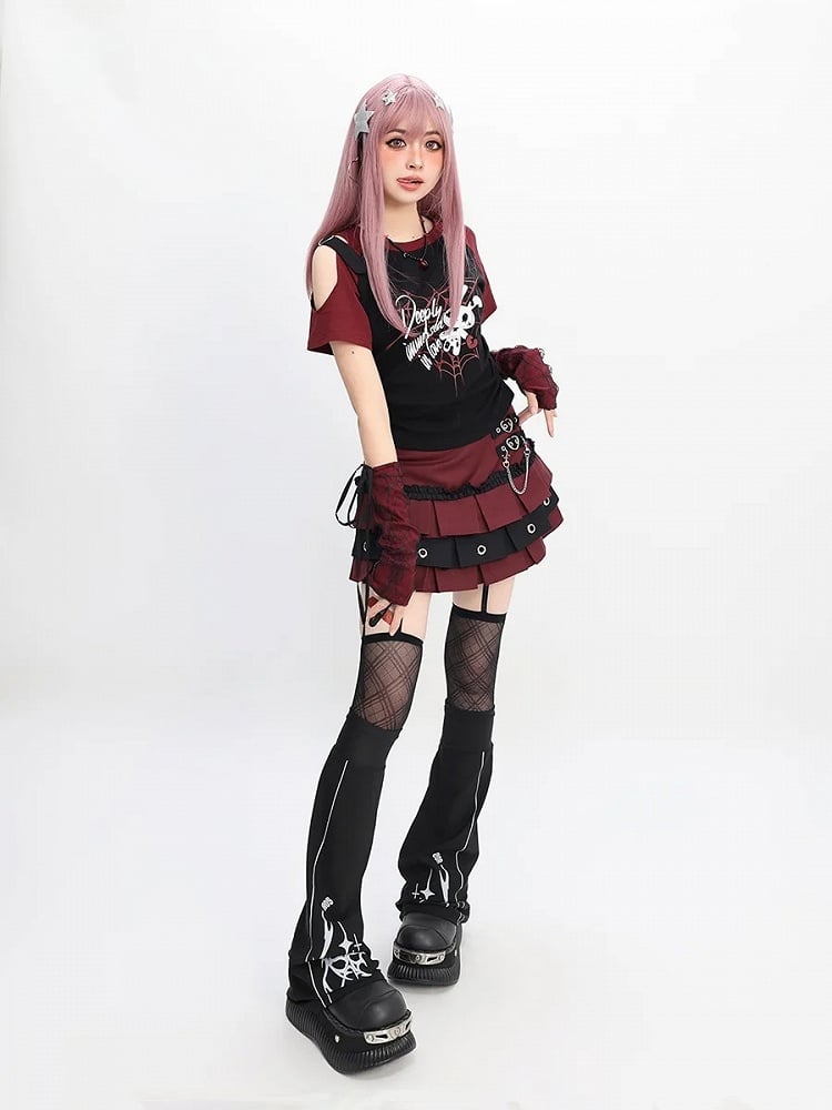 Free Red/Pink/Purple with T-Shirt Print Sleeves Y2K Cutout Shoulder Spiderweb