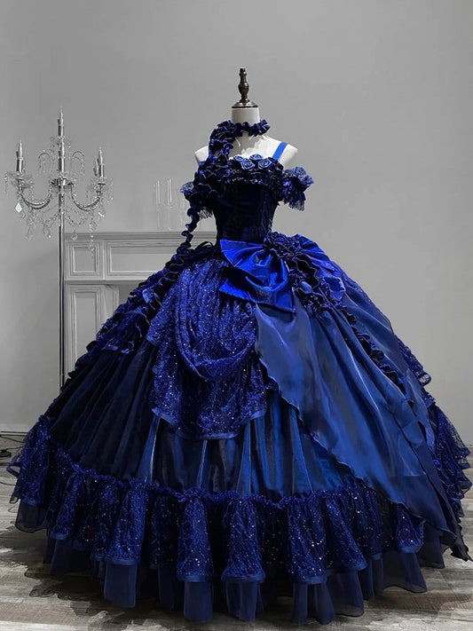 Robe Lolita Gothique Bleu Foncé Nuit Étoilée Hanayome Roses Encolure Baleine Corsage Longueur Sol Robe de Bal