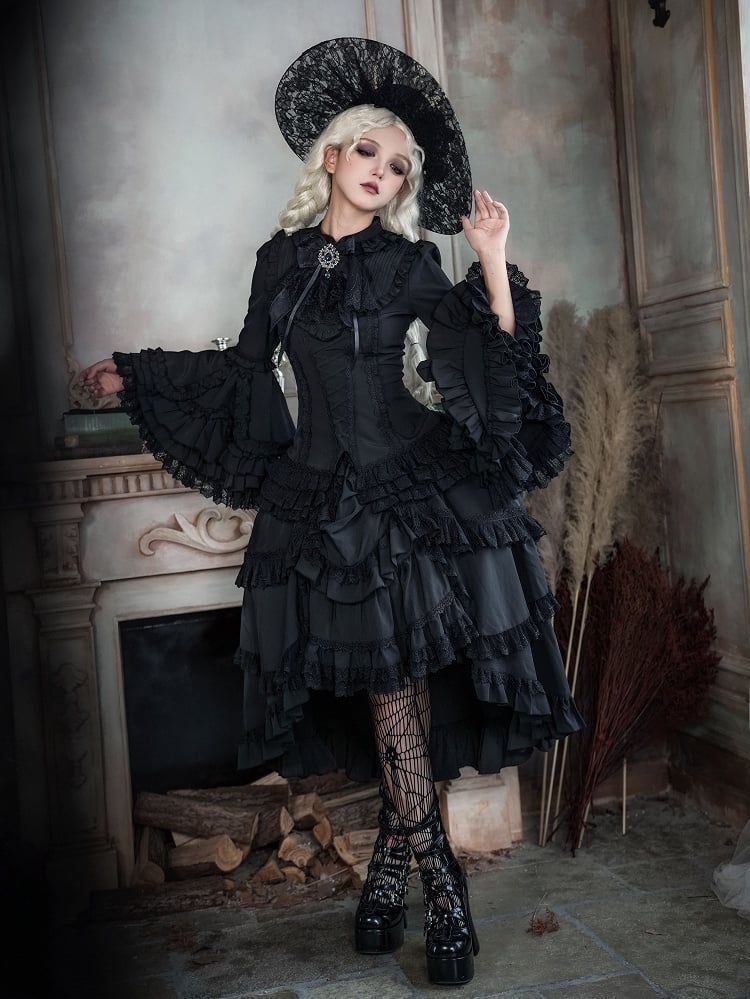 Schwarzes Lolita-Hemd mit Ärmeln, geschichtet, wunderschöne Glocke, ganz lang, Gothic Kuro