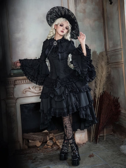 Schwarzes Lolita-Hemd mit Ärmeln, geschichtet, wunderschöne Glocke, ganz lang, Gothic Kuro