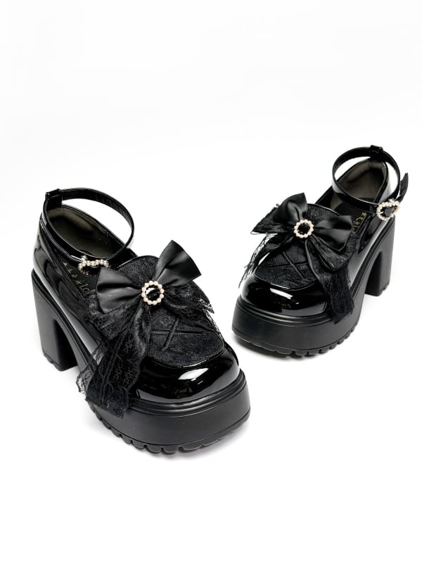 Bow High Block Kei Jirai Top Black Beaded Platform Heels Sole PU Decor with