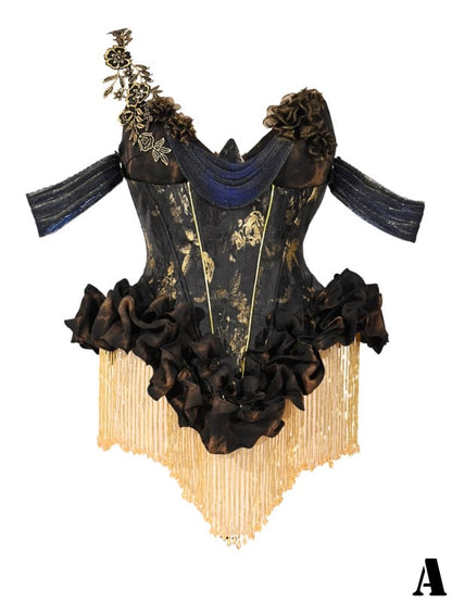 Black and Gold Tassels Boned Corset Top and Gold Chiffon Skirt