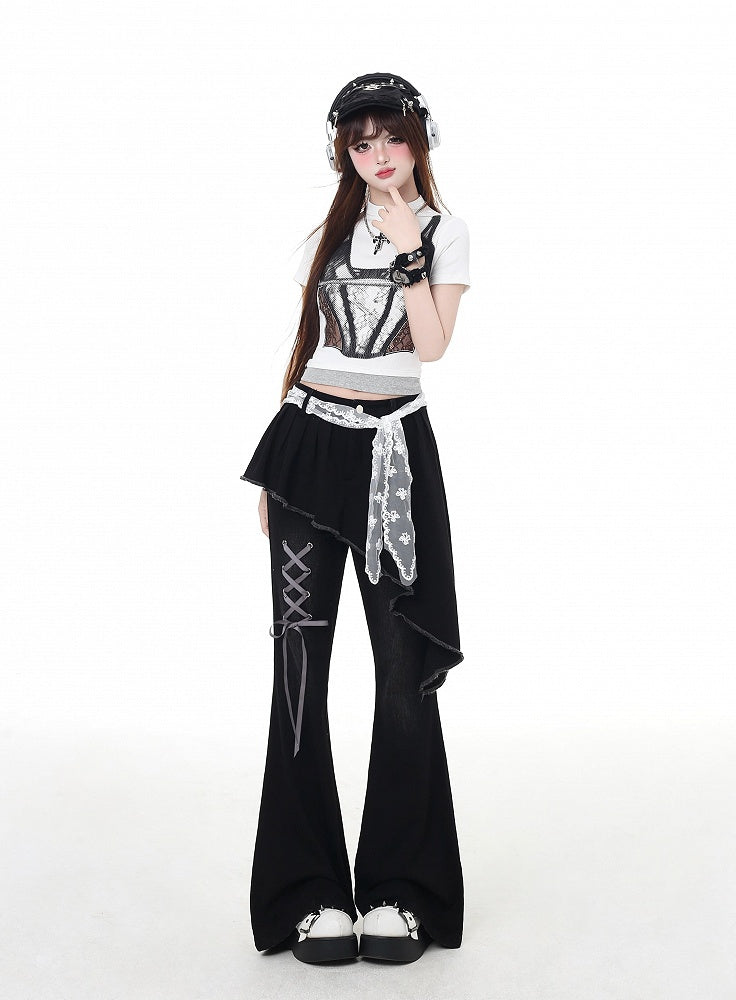Waist Lace Belt Flared Pants Black Asymmetrical Hem Lace-up Faux Two-Piece Detail with