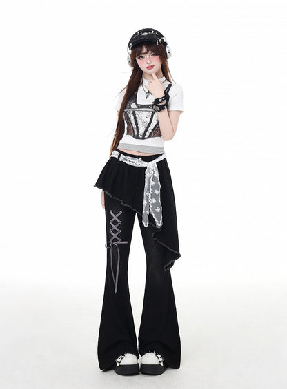 Waist Lace Belt Flared Pants Black Asymmetrical Hem Lace-up Faux Two-Piece Detail with
