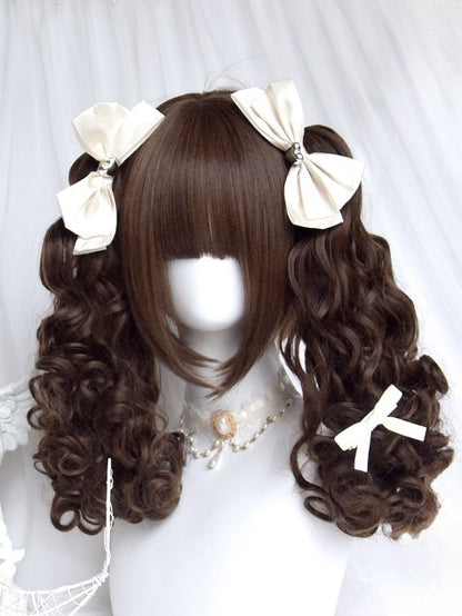 Dark Brown Short Bob Cut Wig With Bangs＋Double Curly Ponytail Claw Clips