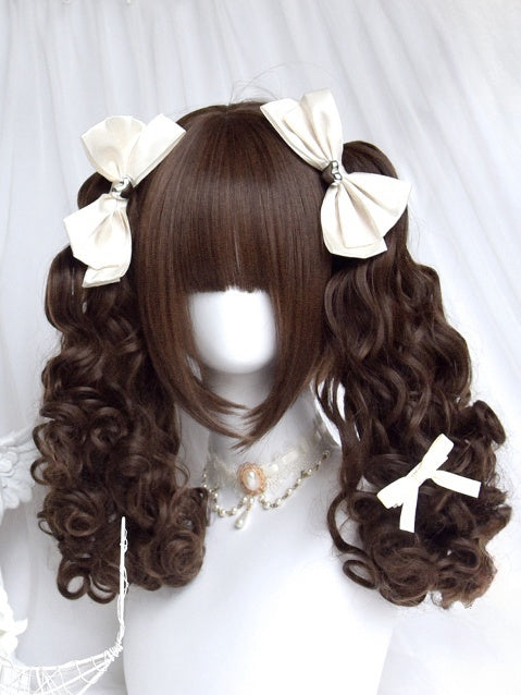 Dark Brown Short Bob Cut Wig With Bangs＋Double Curly Ponytail Claw Clips
