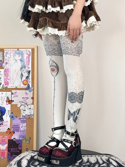 Weiße Strumpfhose mit Schmetterlingsdruck, Guro Kawaii