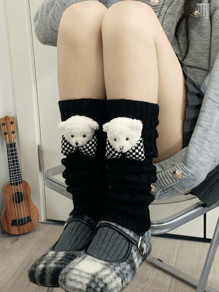 Jambières tricotées blanc lait Y2K avec peluche ours