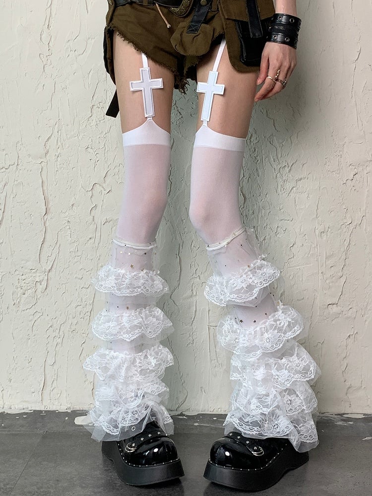 Sleeves Trim Y2K Lace Multiple White Leg Layers