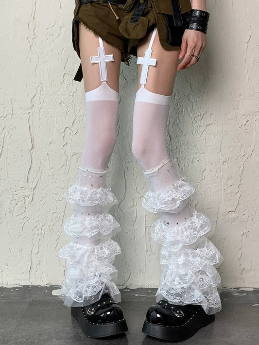 Sleeves Trim Y2K Lace Multiple White Leg Layers