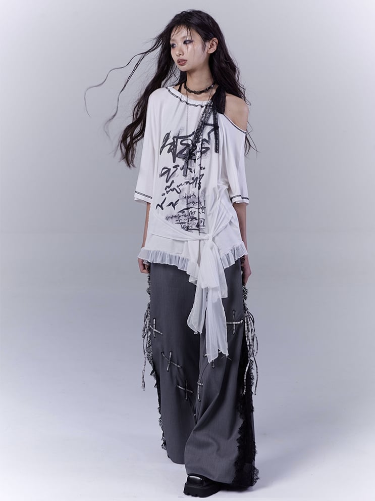 Graphic T-Shirt with Waist Hem White Asymmetrical Neckline Ruffle Strap Self-tie