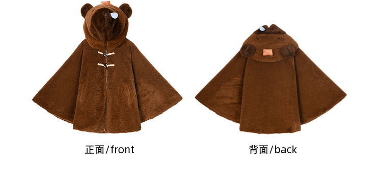 Brown Cute Capybara Hood Zip Closure Fleece Hooded Cape