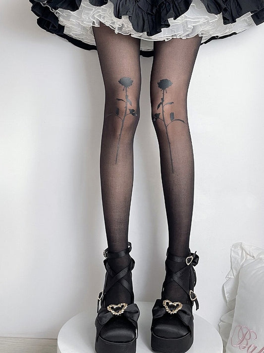Gothic Lolita Black Semi-sheer Rosette Tights