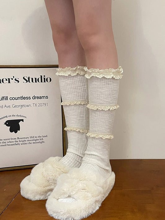 White/Dark Grey Sweet Ruffled Cuff Calf Socks