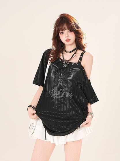 Gestreiftes T-Shirt Asymmetrischer Ausschnitt Schmetterlingsdruck Schwarz/Weiß