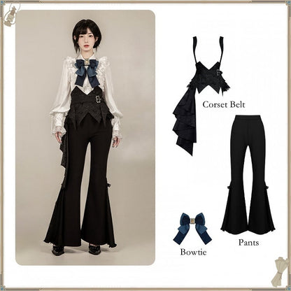 Gothic - Pants Belt with Straps Set + Blue Flared Lolita Ouji Corset Bowtie Black Boned