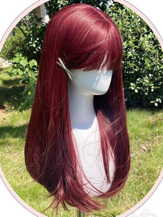 Raspberry Red Long Straight Synthetic Wig With Bangs