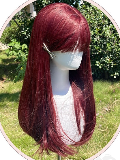 Raspberry Red Long Straight Synthetic Wig With Bangs