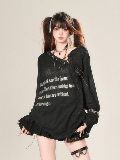 Black/White Semi-sheer Asymmetrical Neckline Sun Protection Top with Lace-up Detail