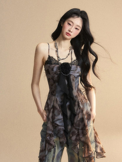 Black Asymmetrical Flounce Hem Floral Embellished Glamorous Cami Top