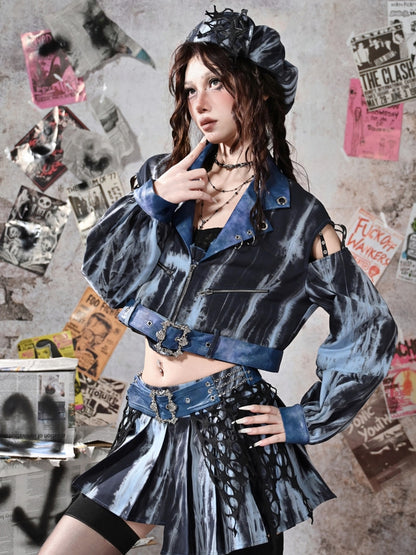 Grunge Punk Rock Blue Cutout Sleeves Tie Dye PU Moto Jacket with Free Belt