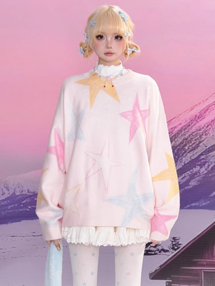 Pink Star Graffiti Round Neck Soft Sweater