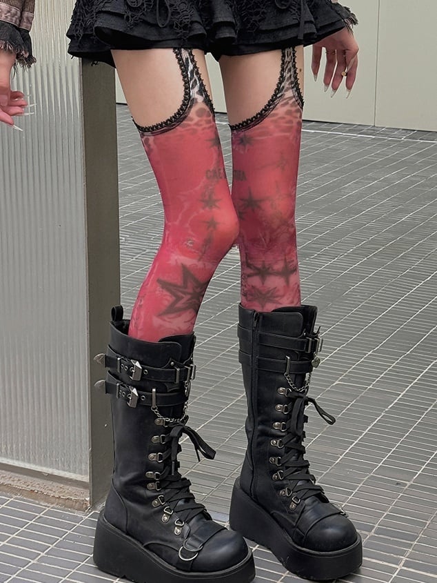 Collants porte-jarretelles à imprimé léopard Red Star et bordure en dentelle