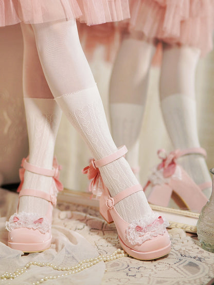 Pink High Trim Lace Heels Heart Top Bow at Block Buckles Knotted
