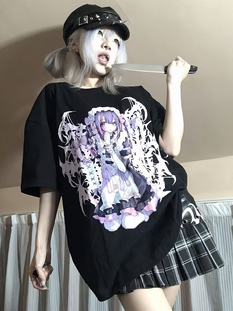 Black Jirai Cartoon Girl Round Kei T-shirt Print Neck