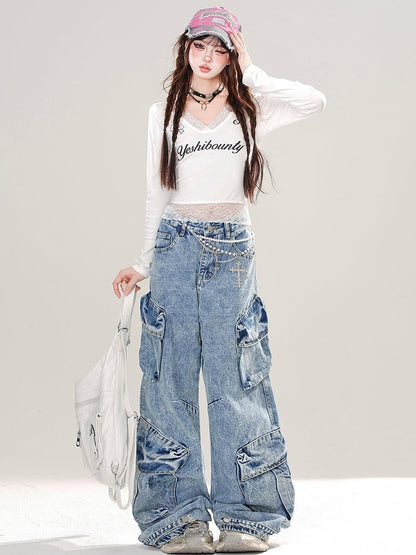 Blue Cargo Pockets Design Wide-leg Cut Jeans