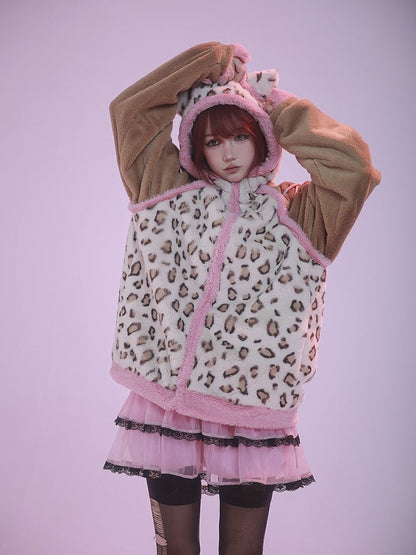 Brown and Pink Leopard Kitty Ears Hooded Plush Jacket
