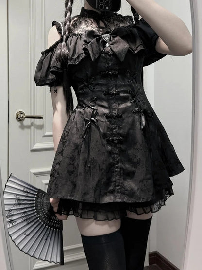 Cheongsam + Illusion Jirai Neckline Mini Dress Bow Tie Kei Shorts Set- Black Style + Bell Sleeves