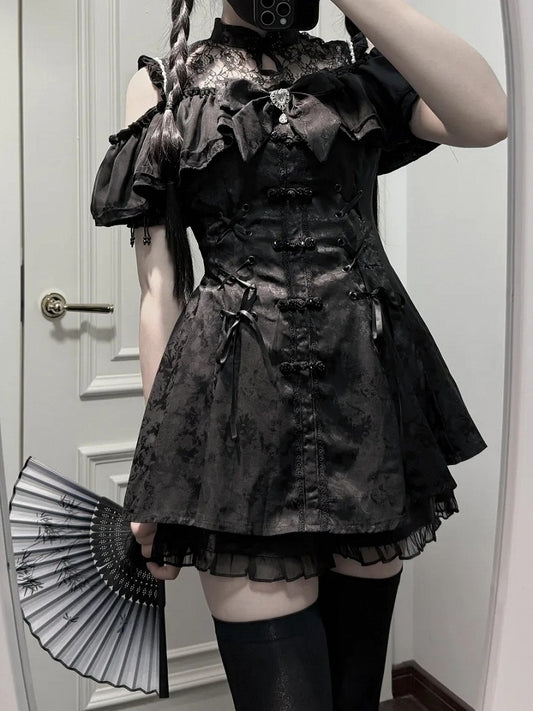 Cheongsam + Illusion Jirai Neckline Mini Dress Bow Tie Kei Shorts Set- Black Style + Bell Sleeves