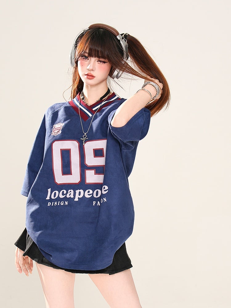 Loose T-Shirt Print Sports Khaki/Navy Blue Preppy Style V-Neck Number