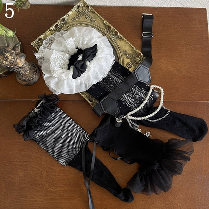 Leg Straps Stockings/Black Warmers/Leg Lace Underknee Black Ruffle Pattern White Loop Hollow-out Stockings/Self-tie Floral