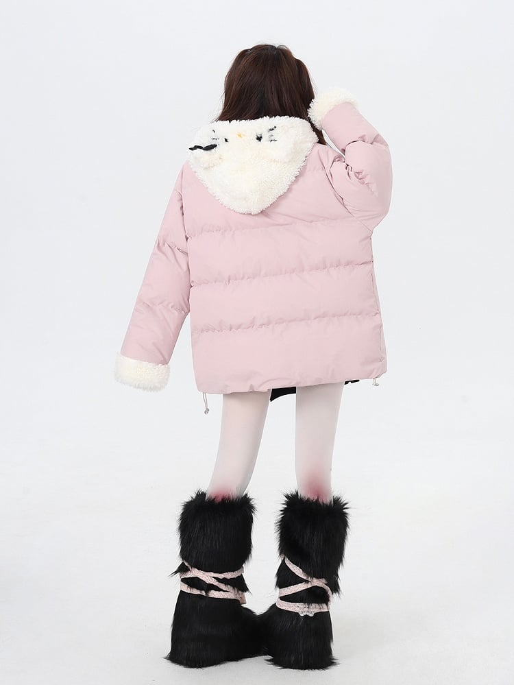 Black Pink Detachable Hood Plush Trim Thick Coat