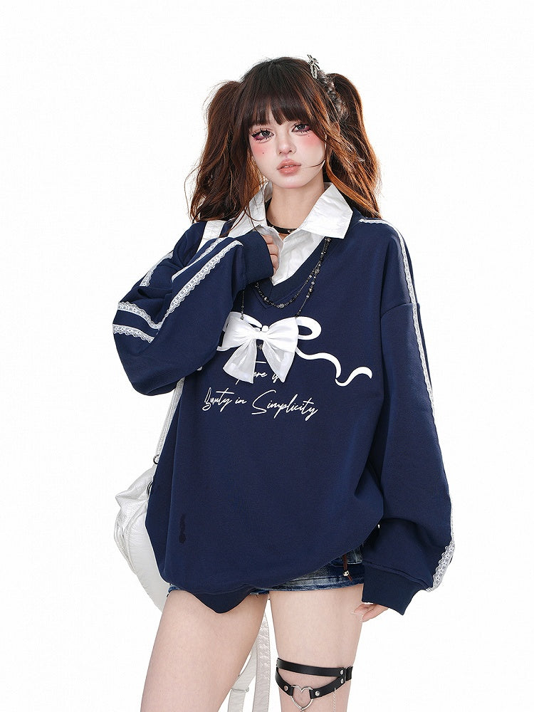 Navy Blue Polo Collar Faux Two-pieces Sweatshirt with Detachable Bow