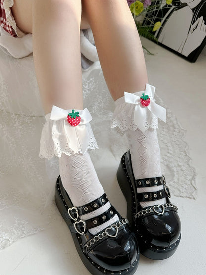 White Strawberry Bow Lace Trim Sweet Lolita Socks