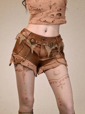 Waist Brown Distressed Low Wasteland Punk Shorts with Chain Accents