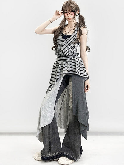 Shorts Hem Black Slit With Letter Asymmetrical Side Skirt Gray Print Glamorous