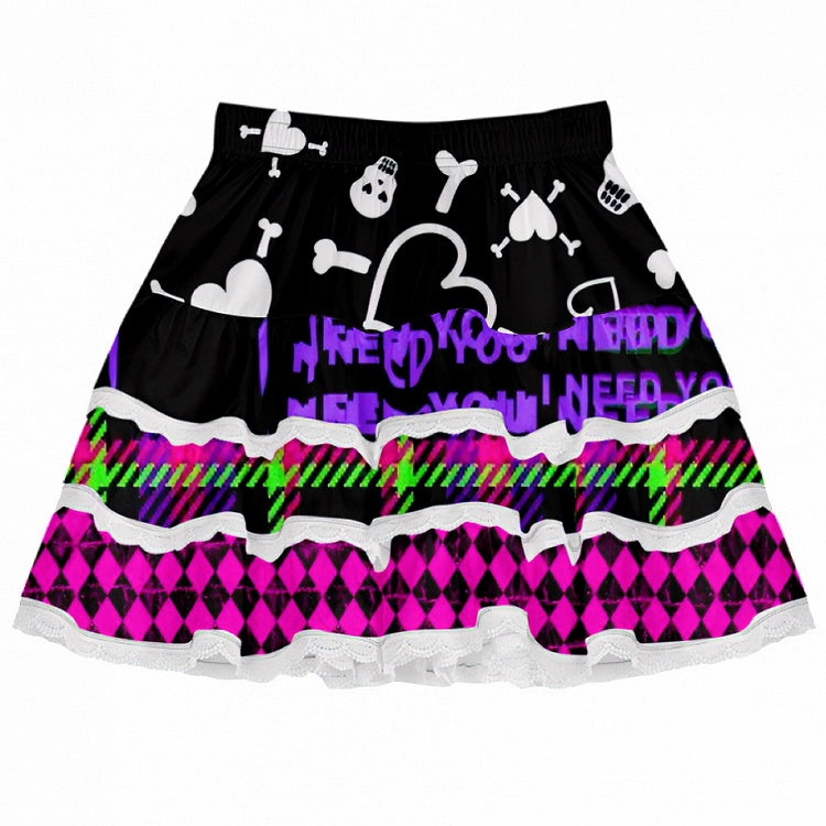 And Red Diamond Heart Pattern Print Y2K Skeleton Skirt Rose Bone Tiered