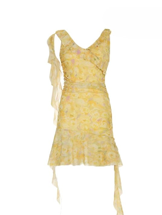 Floral Dress White Asymmetrical Yellow Beige Holiday Set- Sheer Embroidery + Skirt Hem