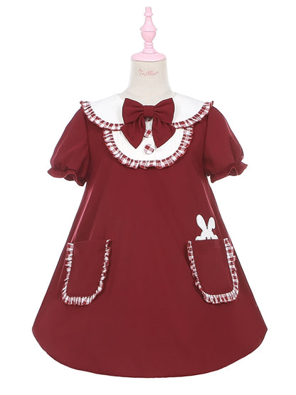 Wine Red Bunny Ears Peter Pan Collar Bubble Skirt Dress