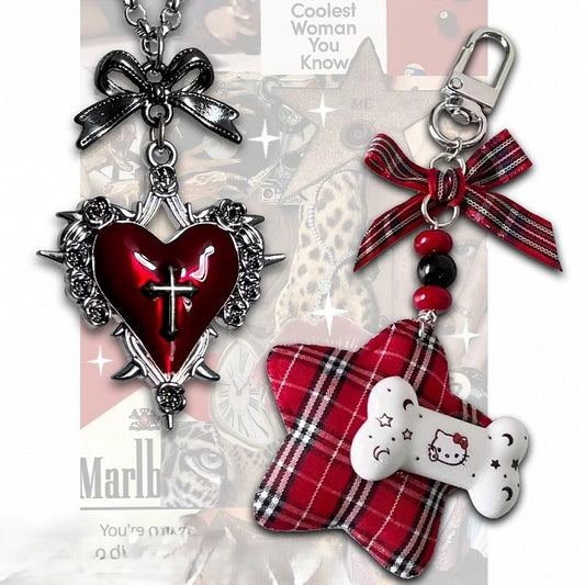 Bow Necklace Y2K Red Cross Burgundy Heart Keychain/Red