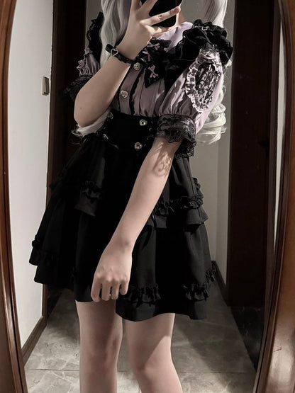 Set Lace-up Overall Skirt Jirai Waist Kei Purple Peter Pan Collar Blouse with Black