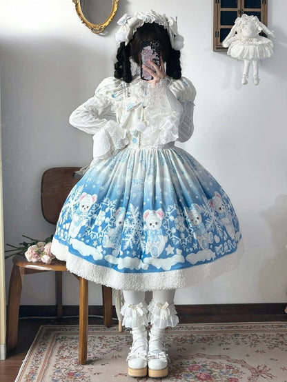 Teddy and Snowflake Blue Winter Fleece Hemline Sweet Lolita Dress